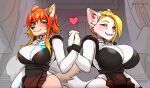  &lt;3 2022 anthro big_breasts blonde_hair blue_eyes blush breast_size_difference breasts canid canine canis cleavage clothed clothing domestic_cat domestic_dog duo felid feline felis female fur green_eyes hair hand_holding kiko_kempt_(character) looking_aside maid_uniform mammal orange_hair peachygho pheo_(aubrie) smile tan_body tan_fur uniform white_body white_fur wide_hips 