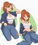  absurdres belt blue_shirt brown_hair denim highres hyyun_ho jeans jewelry midriff mullet navel one_eye_closed open_clothes open_pants open_shirt original panties pants ponytail ring shirt smile tank_top underwear v watch white_tank_top 
