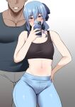  1boy 1girl behind_another black_sports_bra black_tank_top blue_eyes blue_hair blue_pants blush breasts cellphone dark-skinned_male dark_skin dousiman00 faceless faceless_male grey_pants grin hetero highres holding holding_phone hololive hoshimachi_suisei looking_at_phone midriff navel pants phone selfie sidelocks small_breasts smartphone smile sports_bra stomach tank_top virtual_youtuber yoga_pants 