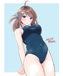  1girl ahoge ame-san blue_one-piece_swimsuit breasts brown_hair chougei_(kancolle) covered_navel cowboy_shot dated from_below grey_eyes hair_ornament hair_rings hairclip highres kantai_collection large_breasts long_hair looking_at_viewer one-piece_swimsuit school_swimsuit solo swimsuit twitter_username 