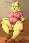  animal_crossing anthro bottomless breasts canid canine canis chair clothed clothing domestic_dog female furniture hi_res isabelle_(animal_crossing) looking_at_viewer mammal nintendo on_chair oystercatcher7 panties panty_shot sitting sitting_on_chair solo spread_legs spreading underwear 