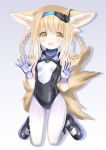  1girl animal_ears arknights black_footwear black_leotard blonde_hair braid breasts fox_ears fox_girl fox_tail gloves green_eyes grey_background hairband headset highres kneeling langley1000 leotard long_hair looking_at_viewer multiple_tails open_mouth pantyhose shoes simple_background small_breasts smile solo suzuran_(arknights) tail thighs twin_braids twintails white_gloves white_pantyhose 
