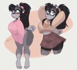  anthro black_hair blush blush_lines bottomless bottomless_female bottomless_humanoid bottomwear cadaverrdog canid canine canis choker clothed clothing crop_top crop_top_sweater curled_tail domestic_dog domino_(cadaverrdog) female fur grey_body grey_fur grin hair hi_res humanoid jewelry lips long_hair mammal mixed_breed multicolored_body necklace nonbinary_(lore) pomsky ponytail shirt simple_background skirt smile solo sweater tail thick_bottom_lip thick_thighs topwear two_tone_body wide_eyed 