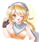  1girl ;d bandana blonde_hair blue_bandana braid braided_ponytail fingerless_gloves fire_emblem fire_emblem:_genealogy_of_the_holy_war gloves looking_at_viewer one_eye_closed open_mouth orange_shirt patty_(fire_emblem) ponytail shirt sleeveless sleeveless_shirt smile solo striped striped_headwear sui_(aruko91) 