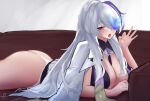 1girl absurdres ass azur_lane breasts fellatio_gesture from_side highres jacket jacket_on_shoulders large_breasts lying on_stomach runa_(runasi) simple_background tongue tongue_out unzen_(azur_lane) white_hair 