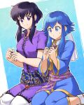  2girls absurdres aged_up betabetamaru black_hair blue_eyes blue_hair blue_pants commentary_request commission fire_emblem fire_emblem:_genealogy_of_the_holy_war flying_sweatdrops gold_trim hair_between_eyes headband highres if_they_mated jewelry larcei_(fire_emblem) long_sleeves looking_at_another mother_and_daughter multiple_girls necklace pants purple_eyes purple_shirt sash seiza shirt short_hair short_hair_with_long_locks short_sleeves sidelocks sitting skeb_commission smile sweatdrop white_headband white_pants 