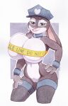  anthro barricade_tape big_breasts black_pupils bracelet breasts clothing collar disney female freckles_(artist) genitals hand_on_hip huge_breasts jewelry judy_hopps lagomorph legwear leporid looking_at_viewer mammal multicolored_body open_mouth police_hat police_tape pupils purple_eyes pussy rabbit solo thigh_highs two_tone_body zootopia 