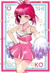  absurdres arima_kana bare_arms bare_legs blush bob_cut cheerleader closed_mouth hair_ribbon highres inverted_bob looking_at_viewer one_eye_closed oshi_no_ko pink_ribbon pink_skirt pink_tank_top red_eyes red_hair ribbon short_hair skirt star_(symbol) tank_top tassel yurigera_8959 