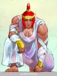  1girl alternate_costume bandaged_arm bandages barefoot biceps bracer breasts cleavage clenched_hand commentary dark-skinned_female dark_skin deltoids dress english_commentary forehead_protector full_body looking_at_viewer makeup marisa_(street_fighter) mascara medium_breasts mismatched_eyebrows mohawk mole mole_under_eye muscular muscular_female no_bra on_one_knee plunging_neckline quasimodox red_eyes red_hair red_lips see-through short_hair solo street_fighter street_fighter_6 toga triceps white_dress 
