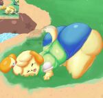  animal_crossing anthro bent_over big_butt blonde_hair bottomwear butt canid canine canis clothing domestic_dog eyes_closed female gothicc hair hi_res huge_butt isabelle_(animal_crossing) mammal nintendo open_mouth shih_tzu shirt skirt solo thick_thighs topwear toy_dog yellow_body 