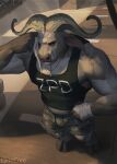  anthro bottomwear bovid bovine bulge cape_buffalo chief_bogo clothed clothing cloven_hooves disney fully_clothed fur grey_body grey_fur hi_res high-angle_view hooves horn jewelry lynncore male mammal muscular muscular_anthro muscular_male necklace shirt shorts solo tank_top topwear wiping_sweat zootopia 