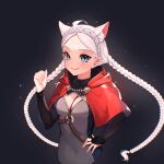  ahoge animal_ears arm_up blue_eyes braid breasts capelet cat_ears cat_girl commission commissioner_upload covered_navel fire_emblem fire_emblem_fates hairband hand_on_own_hip harness highres hood hood_down hooded_capelet long_hair looking_at_viewer low_twin_braids medium_breasts nina_(fire_emblem) non-web_source o-ring o-ring_harness red_capelet red_hood shiimidori smile twin_braids white_hair white_hairband 