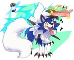  &lt;3 &lt;3_eyes ambiguous_gender black_nose blue_body blue_fur blush canid canine cheek_tuft chest_tuft claws dipstick_ears dusk_lycanroc facial_tuft fangs feral finger_claws fluffy fluffy_tail fur generation_7_pokemon green_eyes hi_res lycanroc mammal multicolored_ears nintendo open_mouth open_smile pawpads pink_pawpads pokeball pokemon pokemon_(species) quadruped ravieel shaded shiny_pokemon smile snout solo tail teeth toe_claws tongue tongue_out tuft white_body white_fur 