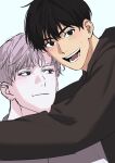  2boys absurdres blush brown_eyes brown_hair brown_hoodie closed_mouth highres hood hoodie hug ilay_riegrow jeong_taeui ma_nya_m male_focus multiple_boys open_mouth passion_(manhwa) simple_background smile white_background white_hair yaoi 