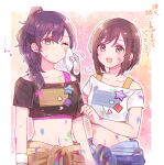  2girls :d asahina_mafuyu black_shirt braid breasts brown_eyes brown_hair closed_mouth collarbone crop_top hair_over_shoulder highres medium_breasts midriff multiple_girls navel off_shoulder one_eye_closed ponytail project_sekai purple_eyes purple_hair shinonome_ena shirt short_sleeves smile sorimachi-doufu translation_request white_shirt wiping 