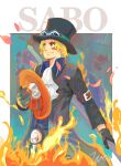  1boy ascot black_gloves blonde_hair character_name closed_mouth commentary_request fire gloves goggles goggles_on_headwear hat highres holding holding_clothes holding_hat holding_weapon li_yu_xian_sheng male_focus one_piece sabo_(one_piece) scar scar_across_eye scar_on_face short_hair signature smile solo top_hat weapon white_ascot 