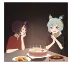  2girls aqua_eyes birthday_cake black_hoodie blue_eyes bowl brown_hair cake candle closed_eyes ear_covers elbow_rest flower food hair_ornament hairband hairclip highres hood hood_down hoodie indoors multiple_girls nishino_flower_(umamusume) open_mouth own_hands_together red_shirt seiun_sky_(umamusume) shirt short_hair short_sleeves smile table umamusume yano_(edbr1022) 