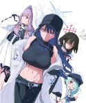  4girls armband atsuko_(blue_archive) bare_shoulders baseball_cap belt black_gloves black_hair black_headwear black_pants black_shirt blue_archive blue_eyes blush braid breasts brown_eyes brown_hair bulletproof_vest chest_harness chibi clearite coat crop_top dress gloves green_hair grey_eyes hair_over_one_eye hair_ribbon halo harness hat highres hiyori_(blue_archive) hood hooded_jacket jacket large_breasts light_purple_hair long_hair long_sleeves looking_at_viewer looking_to_the_side low_twin_braids medium_breasts midriff misaki_(blue_archive) multiple_girls navel off_shoulder open_clothes open_coat open_jacket pants pouch red_eyes ribbon saori_(blue_archive) shirt short_hair sidelocks sleeveless sleeveless_shirt smile thigh_strap thighs twin_braids white_coat white_dress white_jacket 
