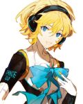  1girl :d absurdres aegis_(persona) android black_dress blonde_hair blue_bow blue_eyes blue_ribbon bow buttons collared_dress dress headphones highres hikawayunn joints looking_at_viewer official_alternate_costume persona persona_3 persona_3:_dancing_moon_night ribbon robot_ears robot_joints short_hair simple_background sketch smile solo two-tone_dress white_background white_dress 