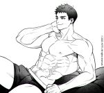  1boy abs bara boxer_briefs feet_out_of_frame from_side greyscale large_pectorals looking_ahead male_focus male_underwear monochrome muscular muscular_male navel nipples original pectorals scar short_hair sideburns sitting smirk solo stomach thick_eyebrows underwear yotti 