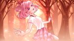  1girl :d absurdres breasts doki_doki_literature_club fang foreshortening forest frilled_skirt frills from_side hair_ornament hair_ribbon highres looking_at_viewer looking_to_the_side natsuki_(doki_doki_literature_club) nature open_mouth outdoors outstretched_arms pink_eyes pink_hair pink_skirt red_ribbon ribbon shirt short_hair short_sleeves skipping skirt small_breasts smile solo star_(symbol) sunset sushimassacre swept_bangs tree two_side_up white_shirt x_hair_ornament 