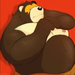  2023 animal_crossing anthro bear belly big_belly biped black_nose hi_res humanoid_hands ike_(animal_crossing) male mammal moobs musclegut nintendo nipples overweight overweight_male ranceru red_background simple_background solo 