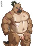  anthro balls belly brown_body brown_fur canid canine canis domestic_dog embarrassed eyebrows flaccid foreskin fur genitals hi_res lifewonders male mammal musclegut natsuhakoura navel nipples nude pecs penis scar scars_all_over solo thick_eyebrows tokyo_afterschool_summoners topknot yasuyori 