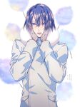  1boy blue_eyes blue_hair blush breath bright_pupils brown_gloves coat cold cotton_candy food-themed_background fur-trimmed_coat fur_trim gloves hair_between_eyes hands_on_own_cheeks hands_on_own_face hijirikawa_masato looking_at_viewer lower_teeth_only male_focus meromizawa mole mole_under_eye parted_lips short_hair sleeve_cuffs solo straight_hair teeth upper_body uta_no_prince-sama white_background white_coat white_pupils 