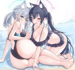  2girls absurdres animal_ear_fluff animal_ears aqua_eyes ass back_cutout barefoot bikini black_bikini black_hair black_one-piece_swimsuit blue_archive blue_bikini blue_eyes blue_halo blush breasts cat_ears cleavage clothing_cutout collarbone commentary_request competition_swimsuit extra_ears fang frilled_bikini frills grey_hair hair_between_eyes halo halterneck hand_grab highres kneeling long_hair looking_at_viewer medium_breasts mismatched_pupils mj_(xmj0309) multiple_girls ocean off_shoulder official_alternate_costume one-piece_swimsuit open_mouth pink_eyes pink_hair pink_halo ponytail reclining red_eyes serika_(blue_archive) serika_(swimsuit)_(blue_archive) shiroko_(blue_archive) shiroko_(swimsuit)_(blue_archive) skin_fang soles swimsuit thighs toes twintails wolf_ears 
