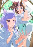  2girls absurdres alternate_hairstyle animal_ears artist_name barefoot bathrobe blue_eyes blush brown_hair cellphone closed_mouth fighting_stance hair_bun highres holding holding_phone horse_ears index_finger_raised long_hair mejiro_mcqueen_(umamusume) multicolored_hair multiple_girls open_mouth phone ponytail purple_eyes purple_hair standing standing_on_one_leg streaked_hair taking_picture tokai_teio_(umamusume) towel towel_on_head umamusume zetsuyo_chimayo 