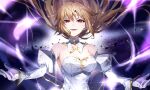  1girl arcueid_brunestud bare_shoulders blonde_hair blush breasts detached_sleeves dress gloves herigaru_(fvgyvr000) highres large_breasts long_hair long_sleeves looking_at_viewer medium_breasts red_eyes solo tsukihime 