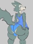  anthro beastars big_butt bulge butt canid canine canis clothing dress half-closed_eyes legoshi_(beastars) looking_back male mammal multicolored_body narrowed_eyes neom-daddy open_mouth panties solo thick_thighs two_tone_body underwear wide_hips wolf 