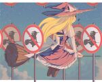  1girl black_dress blonde_hair broom broom_riding cloud dress hat highres housulu kirisame_marisa musical_note night night_sky no_entry_sign road_sign shirt sign sky solo star_(sky) touhou whistling white_shirt witch_hat 