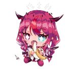  1girl banana chibi ddrawins demon_horns detached_wings diamond-shaped_pupils diamond_(shape) dress eating fang food fruit halo heterochromia highres holding holding_food holding_fruit hololive hololive_english horns irys_(1st_costume)_(hololive) irys_(hololive) long_hair multicolored_hair open_mouth pink_hair pointy_ears sidelocks streaked_hair symbol-shaped_pupils virtual_youtuber white_dress wings 
