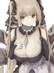  1girl absurdres azur_lane bags_under_eyes bare_shoulders between_breasts black_dress black_ribbon blonde_hair breasts closed_mouth commentary corset detached_collar dress formidable_(azur_lane) frilled_ribbon frills gothic_lolita hair_ribbon hand_on_own_chest highres huge_breasts leaning_forward light_frown lolita_fashion long_hair piennamekuzi red_eyes ribbon sidelocks simple_background solo standing twintails upper_body very_long_hair white_background white_corset white_ribbon 