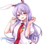  1girl :d animal_ears breasts carrot_pin hair_between_eyes half-closed_eyes hands_up highres long_hair medium_breasts meimei_(meimei89008309) necktie open_mouth purple_hair rabbit_ears rabbit_tail red_eyes red_necktie reisen_udongein_inaba shirt short_sleeves simple_background smile solo tail tareme touhou upper_body very_long_hair white_background white_shirt wing_collar 