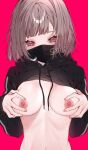  1girl between_breasts black_hoodie breasts brown_eyes brown_hair clothes_lift covered_mouth drawstring half-closed_eyes hands_on_own_breasts hands_up heart heart_in_eye highres hood hood_down hoodie hoodie_lift kajitu000 long_sleeves looking_at_viewer mask medium_breasts mole mole_on_breast mole_under_eye mouth_mask nipples no_bra original red_background short_hair signature simple_background solo symbol_in_eye upper_body 