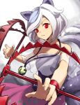  1girl animal_ears closed_mouth dog_ears dog_tail foothold_trap grey_hair highres kaigen_1025 mitsugashira_enoko multiple_tails pink_skirt purple_shirt red_eyes shirt short_hair skirt solo tail touhou unfinished_dream_of_all_living_ghost 