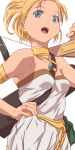  1girl aoi_nori_(aoicoblue) bare_shoulders blonde_hair blue_eyes breasts choker chrono_trigger crossbow dated holding holding_crossbow holding_weapon jewelry long_hair looking_at_viewer marle_(chrono_trigger) open_mouth ponytail simple_background solo weapon white_background 