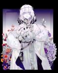  1boy arthropod_boy blanca_(fate) blue_eyes bug cloak cowboy_shot crown diamond_hairband fate/grand_order fate_(series) floral_background flower fur-trimmed_cloak fur_trim grey_hair highres long_sleeves looking_at_viewer male_focus medium_hair moth no_wings oberon_(fate) solo tancang531 white_cloak 