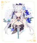  +_+ 1girl absurdres animal_ear_fluff animal_ears bare_shoulders black_bow blue_eyes blue_flower bow breasts cleavage closed_mouth collarbone cropped_torso fang fang_out flower hair_between_eyes hair_bow hair_flower hair_ornament hairclip highres honkai_(series) honkai_impact_3rd kiana_kaslana long_hair looking_at_viewer medium_breasts one_eye_closed ponytail simple_background solo very_long_hair white_background white_flower wyh2101680 