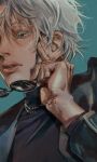  1boy aqua_background blue_eyes eyelashes gojou_satoru hair_between_eyes highres holding holding_eyewear jewelry jujutsu_kaisen lie173 looking_at_viewer male_focus necklace parted_lips portrait realistic round_eyewear solo sunglasses turtleneck white_hair 