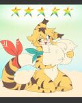  anthro big_breasts blonde_hair blush breasts caeleste featureless_breasts felid female fur green_eyes hair hi_res holding_breast huge_breasts hyper hyper_breasts kneeling mammal mia_(world_flipper) mostly_nude navel open_mouth pantherine smile solo star striped_body striped_fur stripes tail thick_thighs tiger wide_hips world_flipper yellow_body yellow_fur 