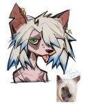  2023 ambiguous_gender anthro black_nose blep blue_hair bridge_piercing brown_spots bust_portrait canid dated ear_piercing ear_ring facial_piercing famir_(artist) glistening glistening_eyes green_eyes hair hi_res mammal multicolored_hair multiple_piercings narrowed_eyes nose_piercing piercing pink_body pink_tongue portrait red_inner_ear ring_piercing signature simple_background solo spots tongue tongue_out two_tone_hair white_background white_hair 