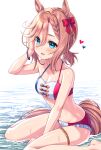  1girl :d animal_ears bare_arms bare_shoulders bikini blue_eyes blush bow braid braided_bangs breasts brown_hair cleavage collarbone commentary_request french_flag_bikini frilled_bikini frills hair_between_eyes hair_bow hand_up heart highres horse_ears horse_girl horse_tail looking_at_viewer low_twintails medium_breasts red_bow shallow_water short_twintails sitting smile solo swimsuit tail tomo_(tmtm_mf_mf) twintails umamusume venus_park_(umamusume) wariza water wet white_background 