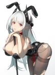 1girl animal_ears arknights bare_shoulders black_pantyhose breasts cleavage fake_animal_ears highres horns jijing_zishui large_breasts leaning_forward long_hair mudrock_(arknights) pantyhose playboy_bunny rabbit_tail red_eyes tail thighs torn_clothes white_background white_hair 