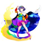  1girl bag blue_hair boots cape closed_mouth full_body game_cg highres long_sleeves looking_at_viewer multicolored_clothes multicolored_hairband pointing pointing_down pointing_up purple_eyes purple_footwear rotte_(1109) short_hair simple_background smile solo starry_sky_print tenkyuu_chimata third-party_source touhou touhou_lost_word white_background white_cape 