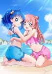  2girls absurdres ahoge artist_name barefoot beach bikini bikini_shorts blue_bikini blue_eyes blue_hair blue_sky blush closed_mouth cloud cloudy_sky commentary cut_bangs day green_eyes hair_bun hair_ribbon hands_on_another&#039;s_shoulders highres hirogaru_sky!_precure hug leaning_forward long_hair matching_outfits medium_hair multiple_girls navel nijigaoka_mashiro ocean open_mouth outdoors pink_bikini pink_hair precure ribbon shorts side_ponytail signature single_sidelock sitting sky smile sora_harewataru swimsuit tirofinire wariza water white_ribbon yellow_ribbon 