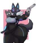  5_fingers ambiguous_gender anthro big_breasts black_body black_bodysuit black_fur blue_sclera bodysuit breasts canid canine canis cheek_tuft clothing dewwydarts domestic_pig duo epic_games facial_tuft female fingers fortnite fur fur_trim_(clothing) gun handgun hi_res holding_gun holding_handgun holding_object holding_revolver holding_weapon huge_thighs mammal markings one_eye_closed pack_leader_highwire pink_eyes pink_markings ranged_weapon revolver simple_background skinsuit solo_focus standing suid suina sus_(pig) thick_thighs tight_clothing tuft weapon wide_hips wolf 