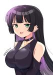  1girl :p absurdres ao_(flowerclasse) black_collar black_dress black_hair bocchi_the_rock! breasts chin_piercing collar collarbone commentary_request dated dress ear_piercing earrings forked_tongue green_eyes highres jewelry large_breasts long_hair looking_at_viewer multicolored_hair pa-san piercing purple_hair simple_background sleeveless sleeveless_dress solo stud_earrings tongue tongue_out two-tone_hair upper_body very_long_hair white_background 